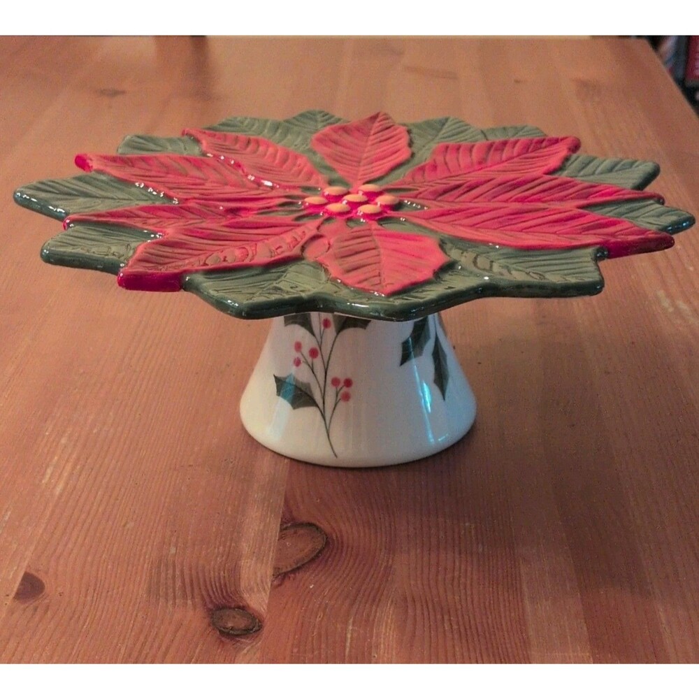 Godinger Ceramic Flower Cake Stand Glossy Poinsettia Christmas Decorative